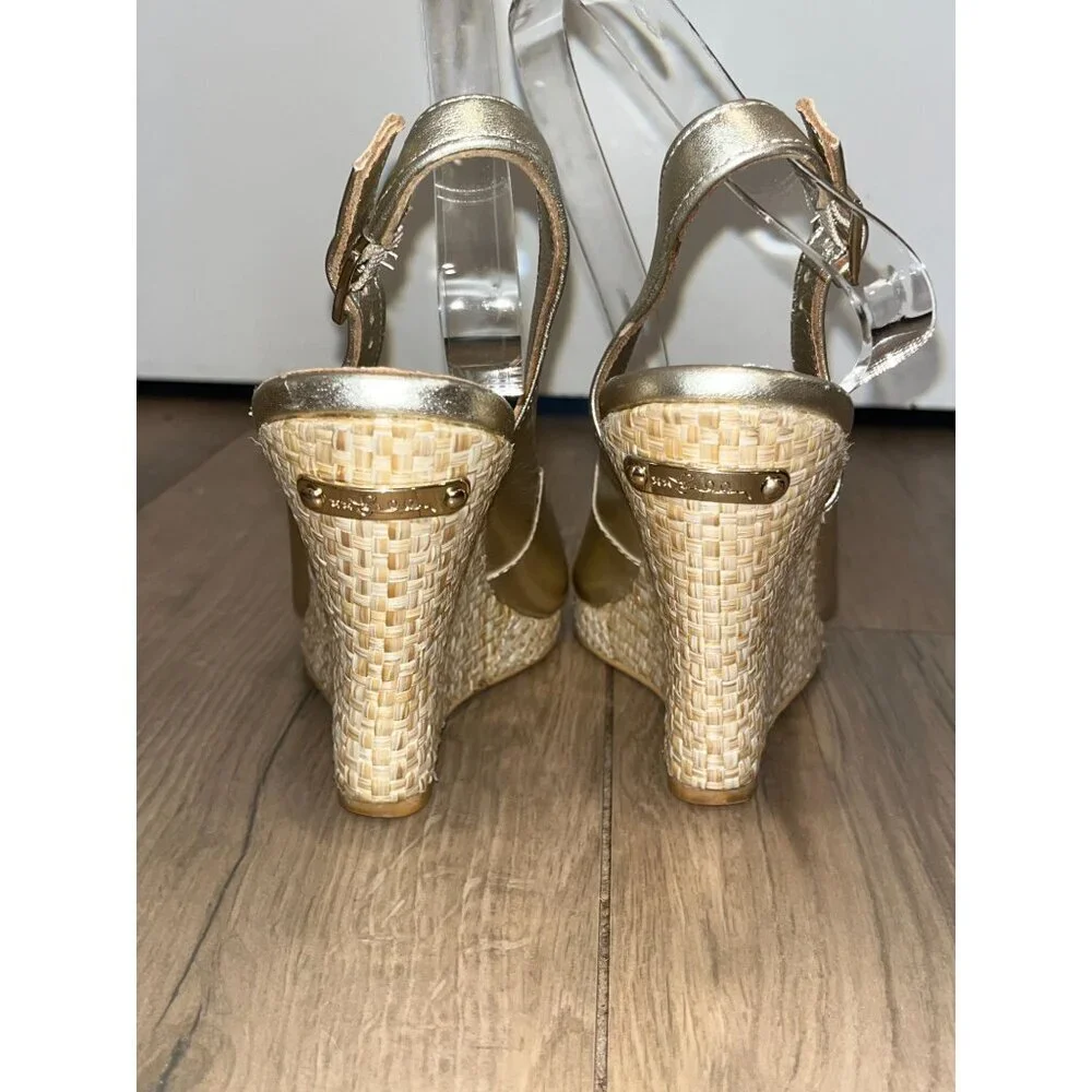 Lilly Pulitzer  Vintage Gold Peep Toe Slingback Wedge Leather Women's Heels Size